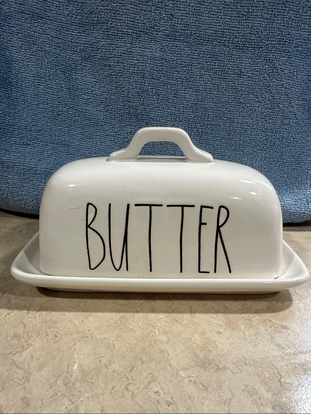 Rae Dunn White Ceramic Butter Keeper with Black Lettering